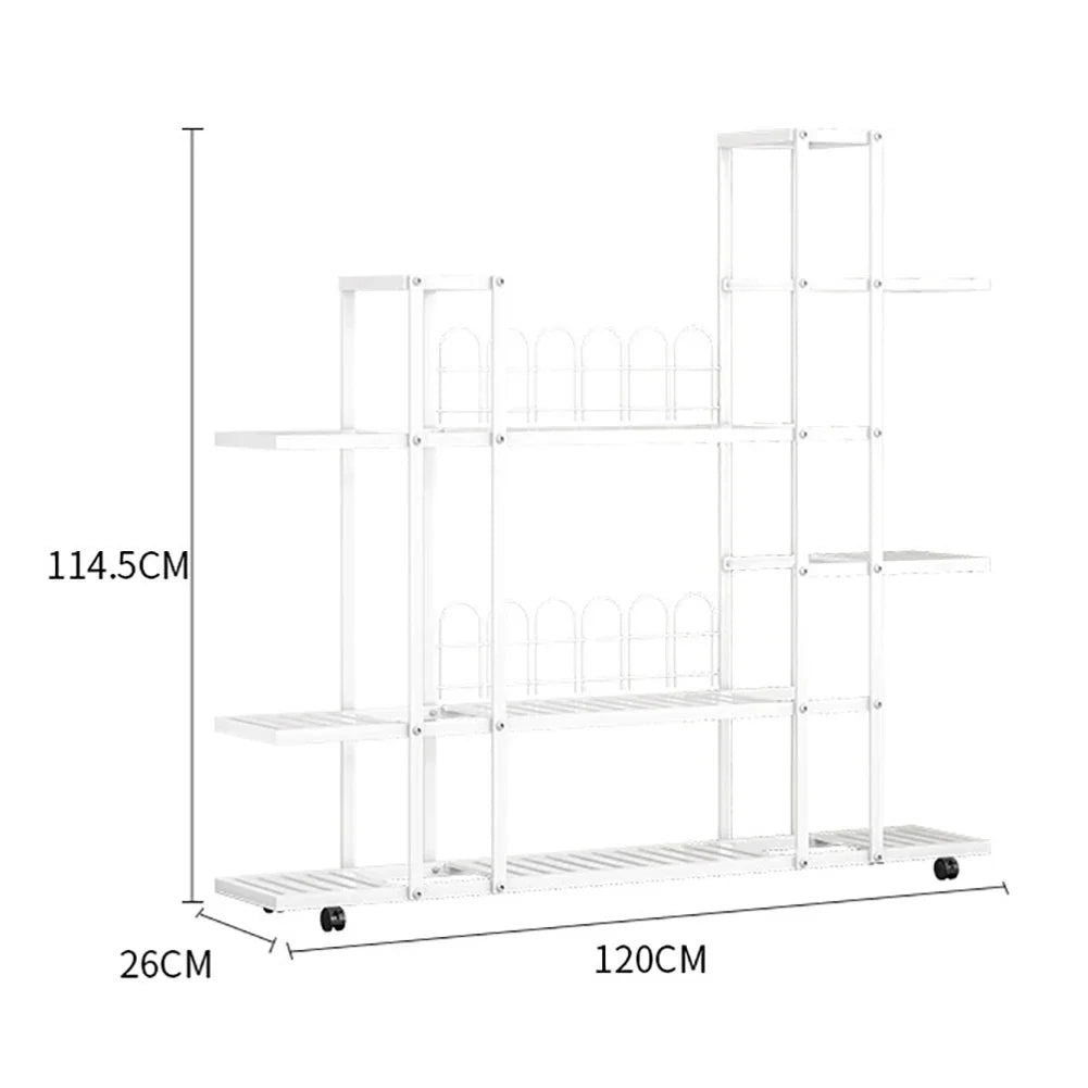 DecorBites™ white wrought iron plant stand with multiple shelves and wheels for easy indoor plant display