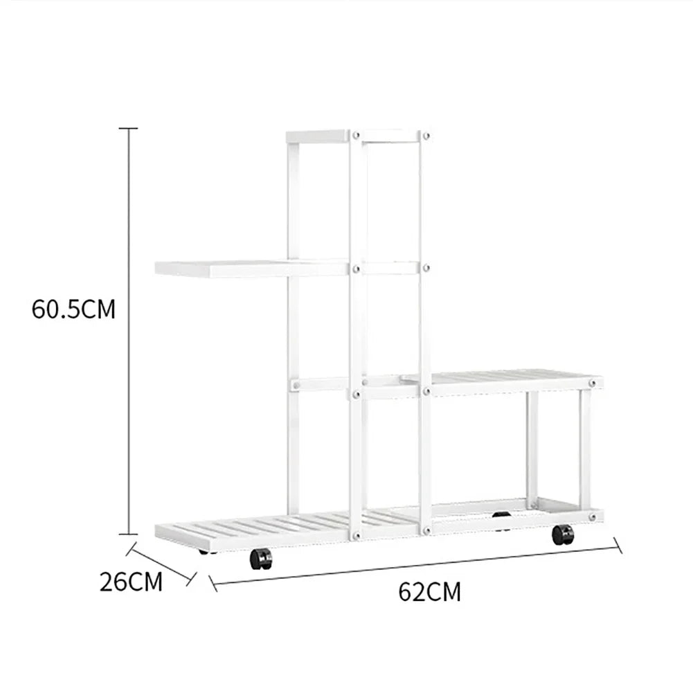 White multi-tiered wrought iron plant stand with wheels and slatted shelves for easy mobility by decorbites