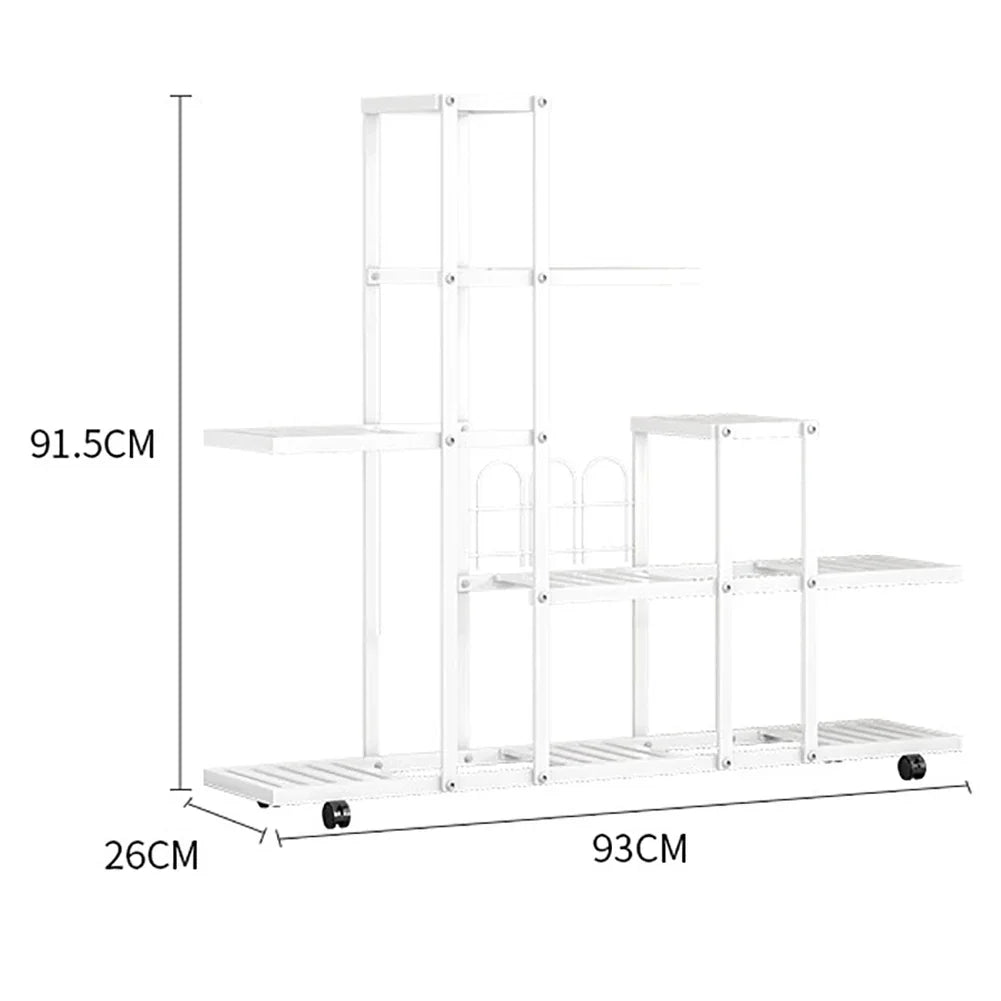 White wrought iron plant stand with multiple shelves and wheels by decorbites for indoor and outdoor use