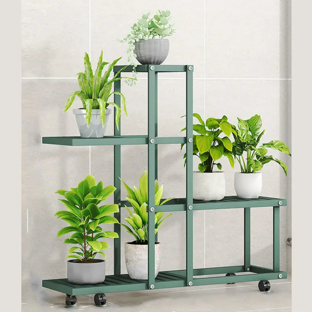 Decorbites™ wrought iron plant stand in green with four shelves and black caster wheels for easy mobility