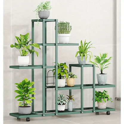 Green wrought iron plant stand by DecorBites with multiple shelves and wheels for easy plant display and mobility