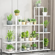 White wrought iron plant stand by DecorBites with multiple shelves and caster wheels for easy mobility
