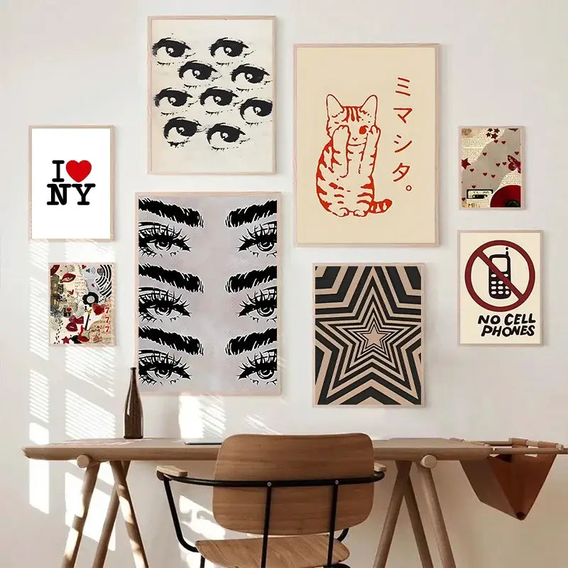 Beige framed decorbites y2k rock style canvas poster featuring a red cat illustration with japanese characters