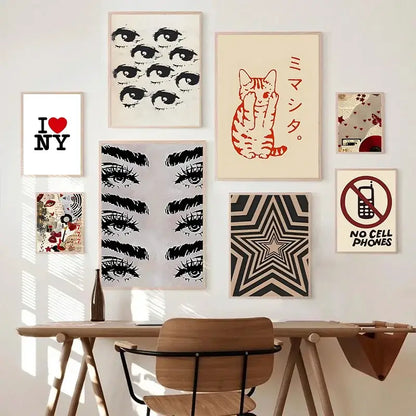 Beige framed decorbites y2k rock style canvas poster featuring a red cat illustration with japanese characters