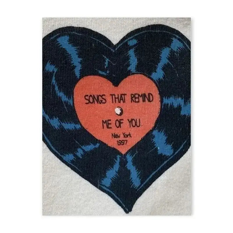 A light gray fabric canvas poster by decorbites featuring a y2k rock style heart graphic with orange and dark blue vinyl design
