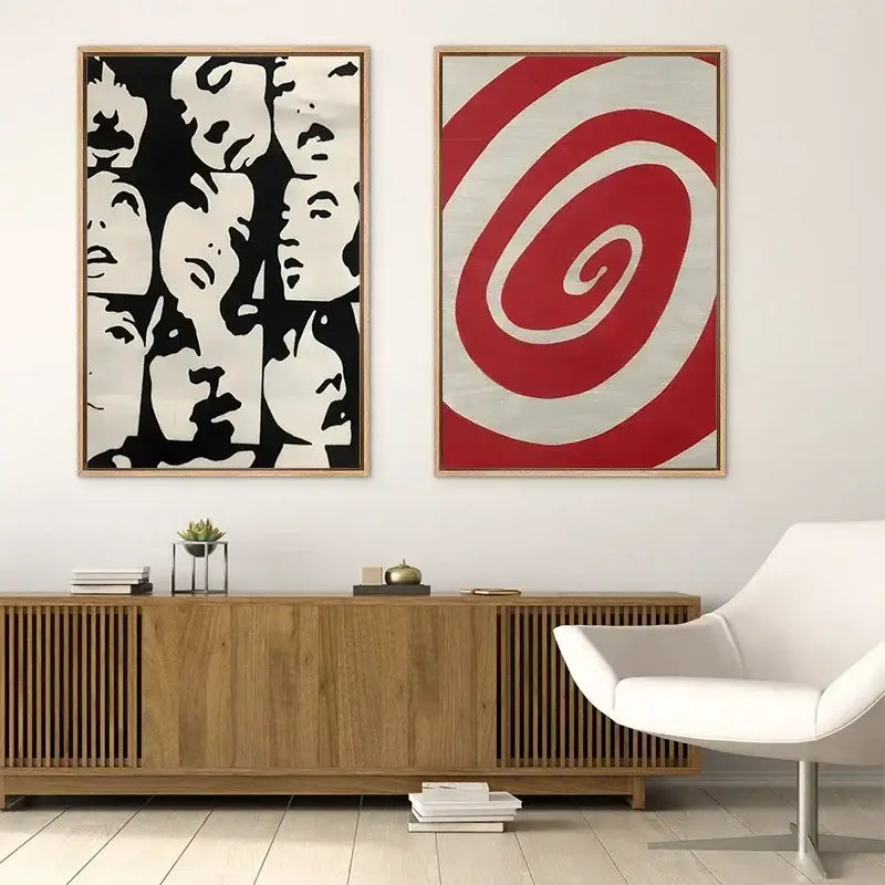Two framed y2k rock style canvas posters featuring a black and white portrait collage and red white spirals
