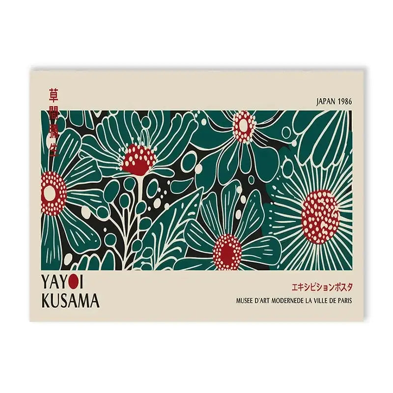 A rectangular decorbites™ yayoi kusama flower art poster featuring bold teal and red floral patterns on black canvas
