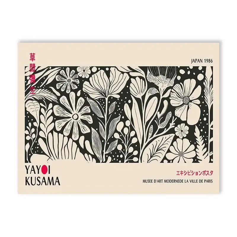 A beige postcard featuring a black and white yayoi kusama flower illustration with japanese and french text