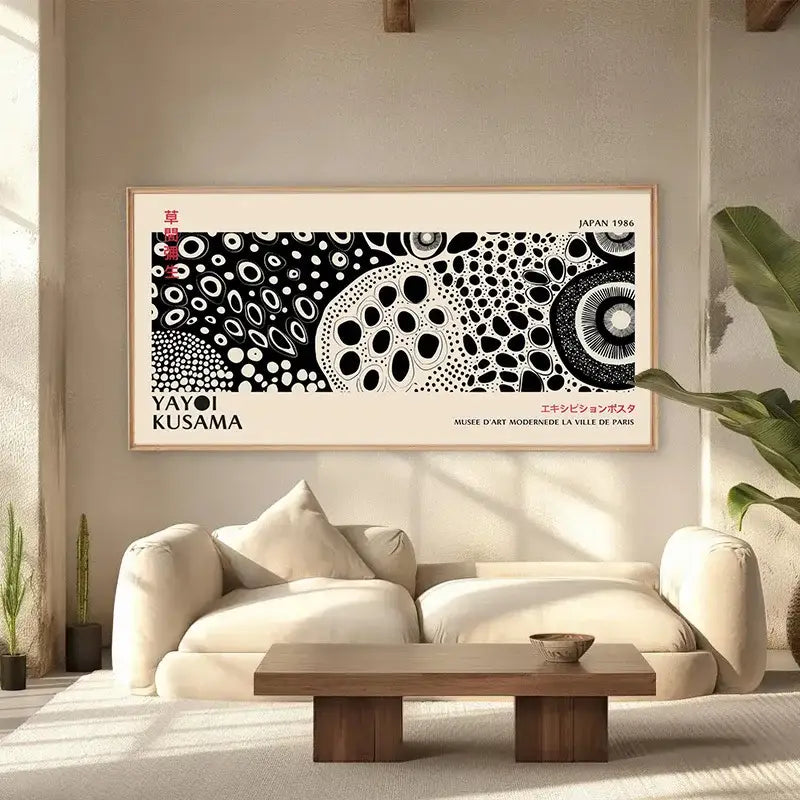 Black and white yayoi kusama flower art poster with signature polka dots framed in light wood from 1986 paris exhibition