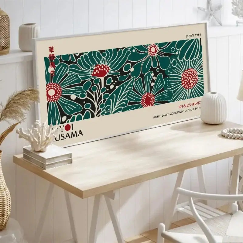 A large framed DecorBites™ canvas print featuring bold teal and red kusama flower patterns with Japanese and French text