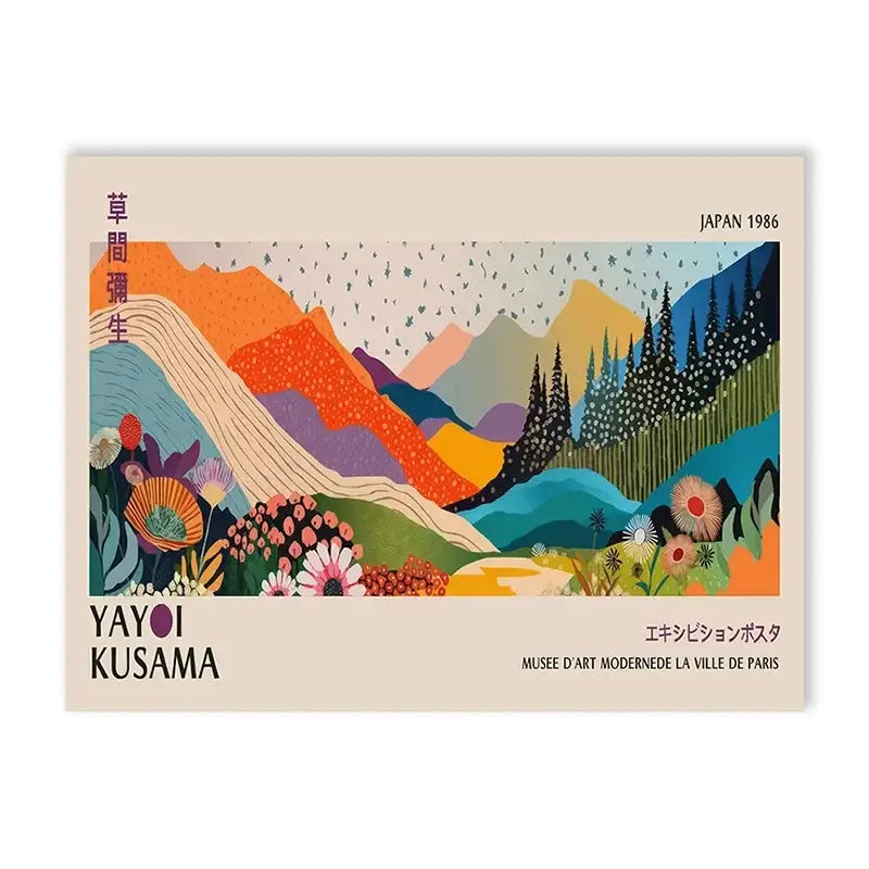 Decorbites™ yayoi kusama flower art poster large canvas print featuring vibrant stylized mountain floral landscape