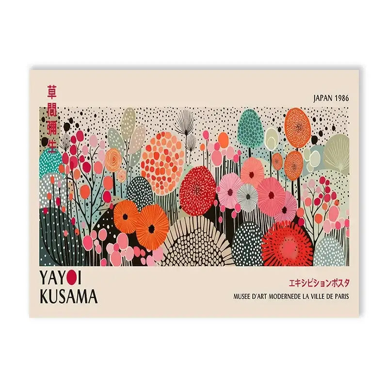 Vibrant stylized kusama flower artwork on beige postcard featuring yayoi kusama flower polka dot and bloom patterns