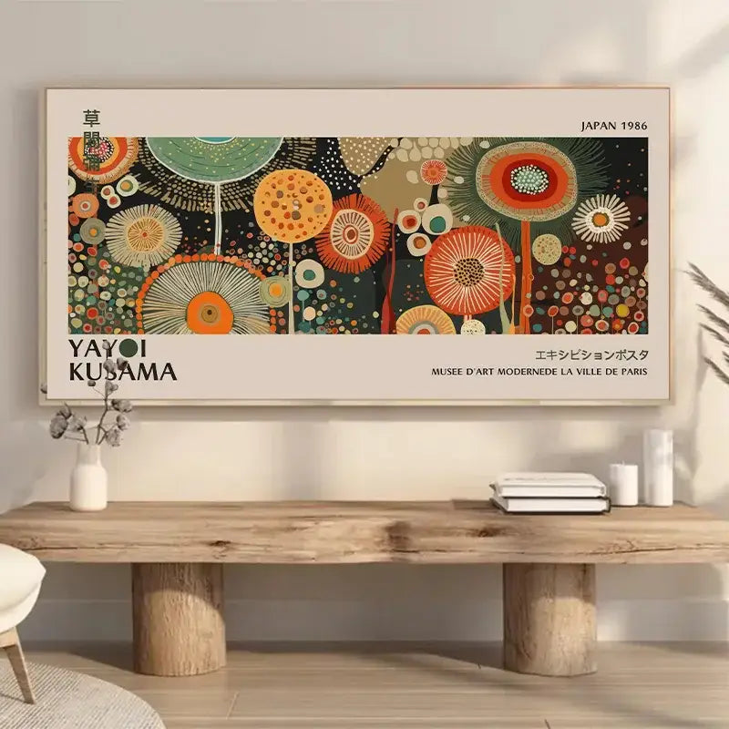 A vibrant framed decorbites™ yayoi kusama flower art poster featuring colorful kusama flower patterns on large canvas print
