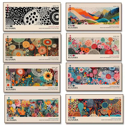 Vibrant colorful yayoi kusama flower art poster large canvas print featuring signature polka dots and organic forms