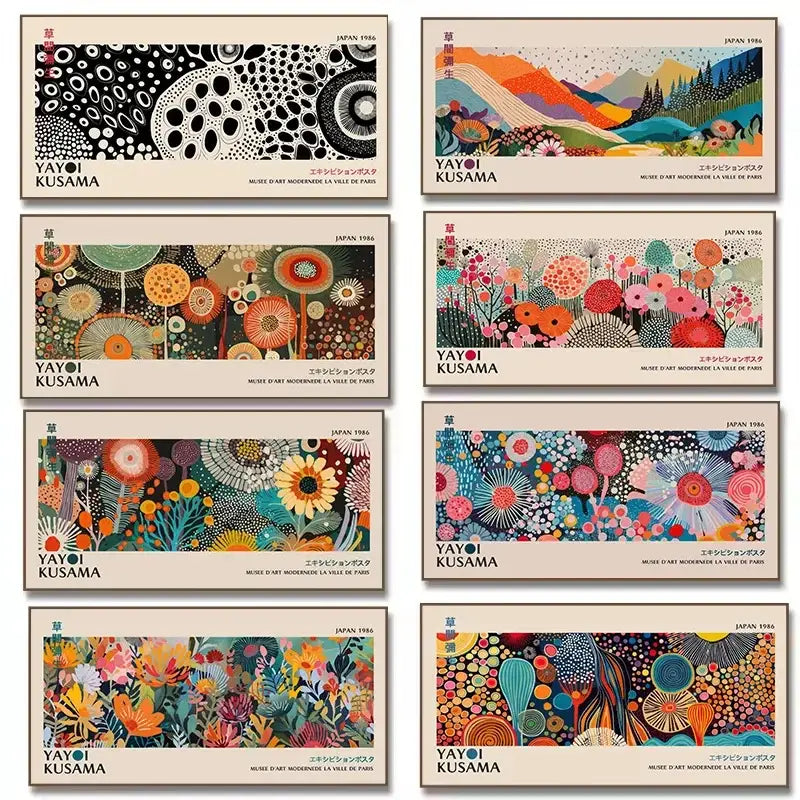 Vibrant colorful yayoi kusama flower art poster large canvas print featuring signature polka dots and organic forms