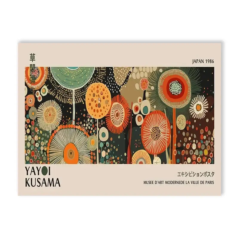DecorBites™ yayoi kusama flower art poster large canvas print with vibrant orange and green circular patterns on dark background