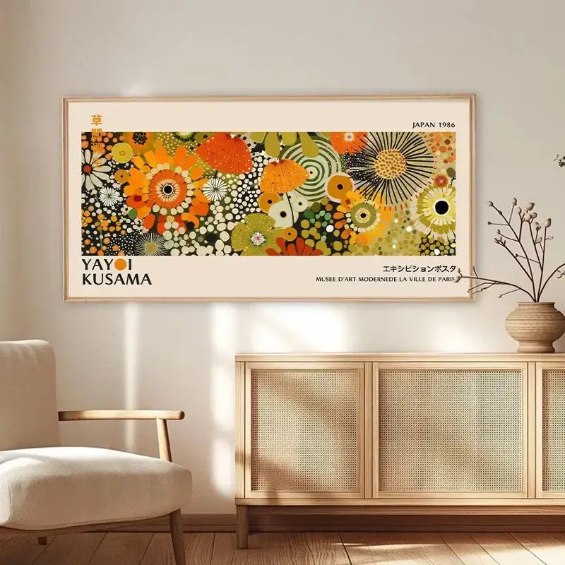 A large decorbites™ canvas print featuring yayoi kusama flower bold orange yellow green and black floral design from 1986