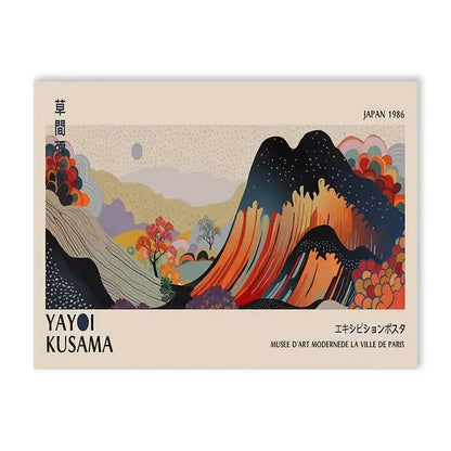 Vibrant large canvas print of yayoi kusama flower art poster featuring bold orange and black mountain peaks on speckled sky