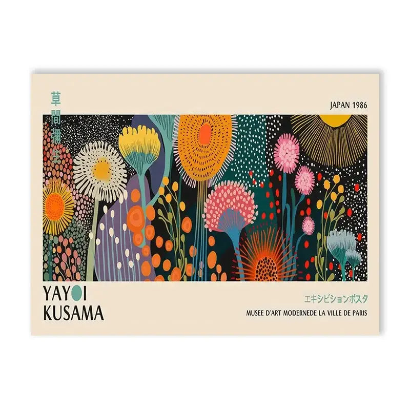 Large beige postcard featuring vibrant stylized floral artwork with bold colors by yayoi kusama kusama flower print