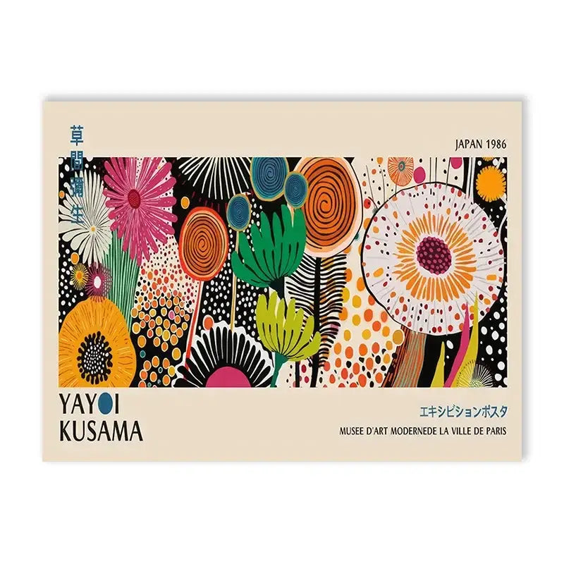 DecorBites yayoi kusama flower art poster large canvas print with vibrant pink orange green and black polka dot patterns