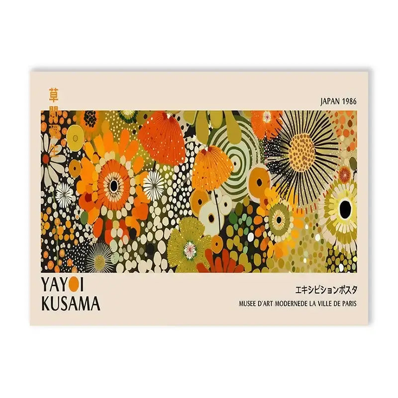 DecorBites™ yayoi kusama flower art poster large canvas print with bold orange green and black patterns and 1986 japan stamp