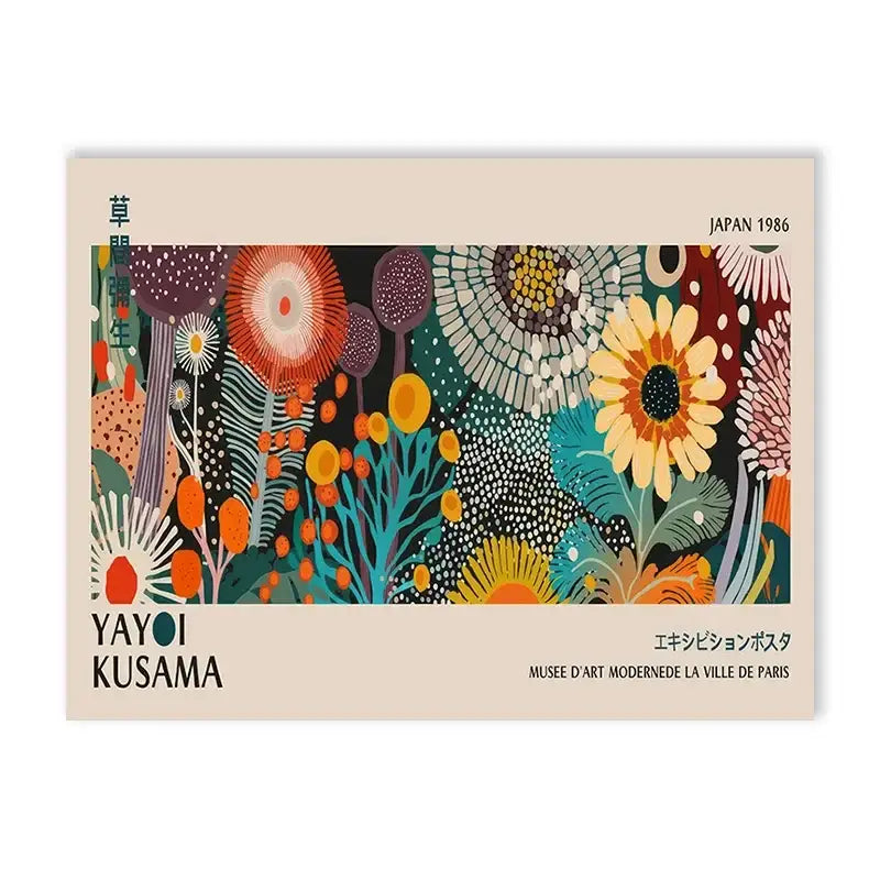 Vibrant stylized floral poster by yayoi kusama with bold orange yellow teal and purple patterns on cream canvas print