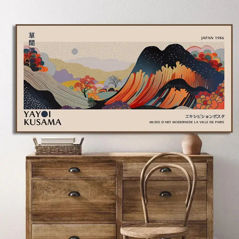 Vintage style framed decorbites™ yayoi kusama flower art poster featuring colorful abstract mountains and autumn trees
