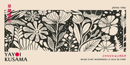 Black and white floral patterned poster with stylized botanical illustrations featuring yayoi kusama flower design