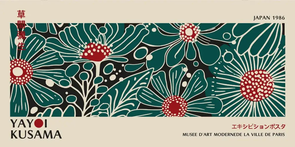 Teal and red floral patterned canvas wall art by yayoi kusama featuring kusama flower with dotted centers on black background