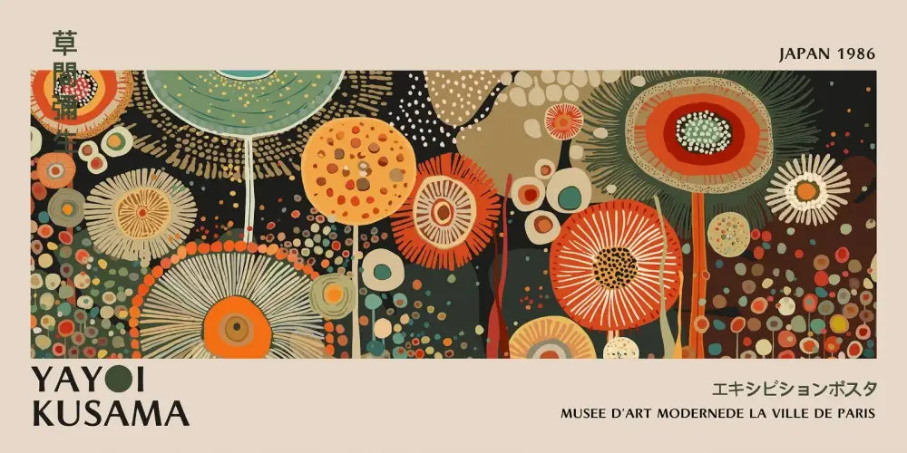 Decorbites™ yayoi kusama flower canvas wall art with vibrant polka dots and bulbous forms in warm colors on dark background