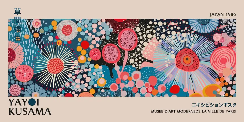Decorbites™ yayoi kusama flower canvas wall art with vibrant pink and blue circular patterns on a dark background