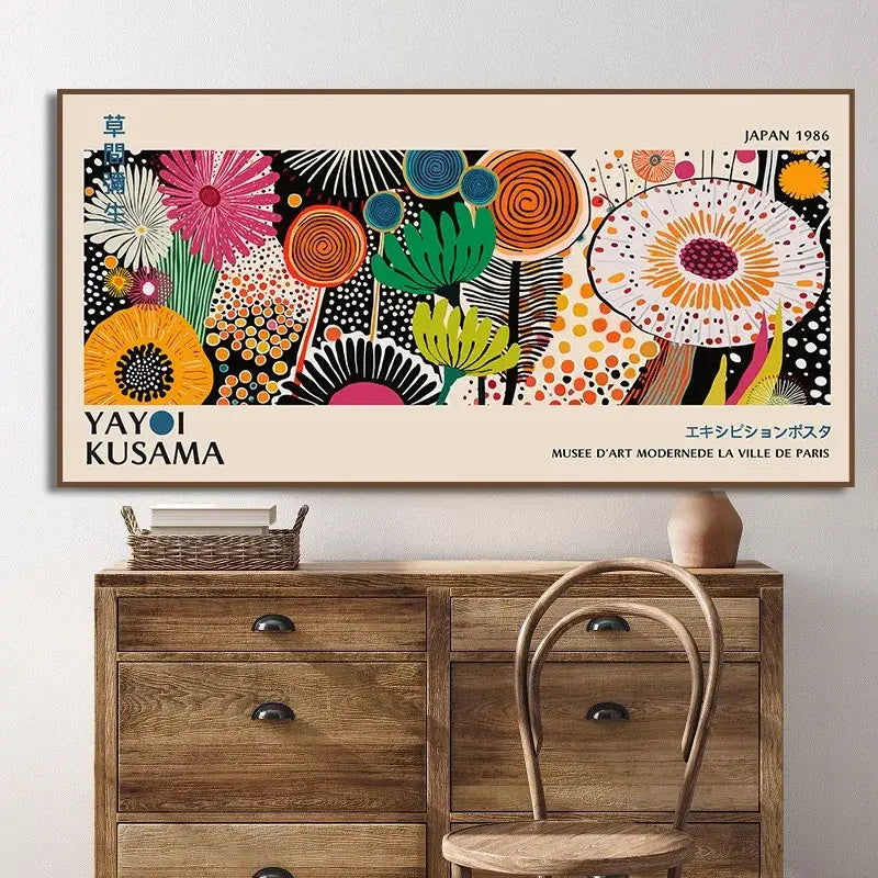 DecorBites™ yayoi kusama flower canvas wall art featuring vibrant colorful abstract floral artwork in a beige frame
