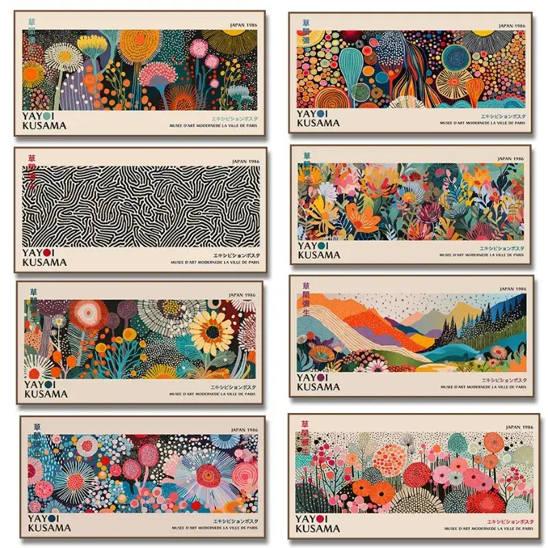 Vibrant colorful postcards featuring yayoi kusama flower polka dots and floral patterns in orange pink blue and green hues