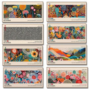 Vibrant colorful postcards featuring yayoi kusama flower polka dots and floral patterns in orange pink blue and green hues