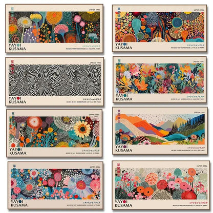 Vibrant colorful postcards featuring yayoi kusama flower polka dots and floral patterns in orange pink blue and green hues