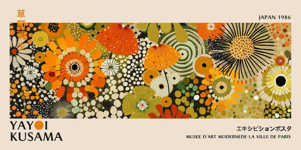 Decorbites™ yayoi kusama flower canvas wall art with vibrant orange and green kusama flower blossoms and black outlines