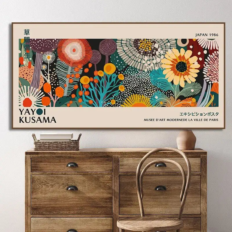 Decorbites™ yayoi kusama flower canvas wall art featuring a vibrant stylized kusama flower in a beige frame