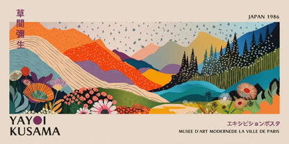 Decorbites™ yayoi kusama flower canvas wall art featuring vibrant layered mountains and colorful flowers under birds