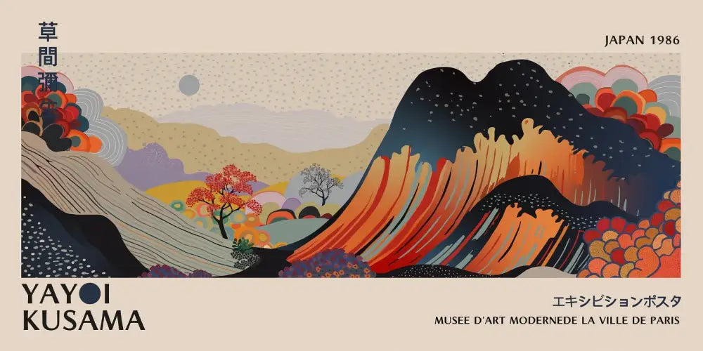 DecorBites™ yayoi kusama flower canvas wall art with bold orange mountain waves and colorful autumn trees