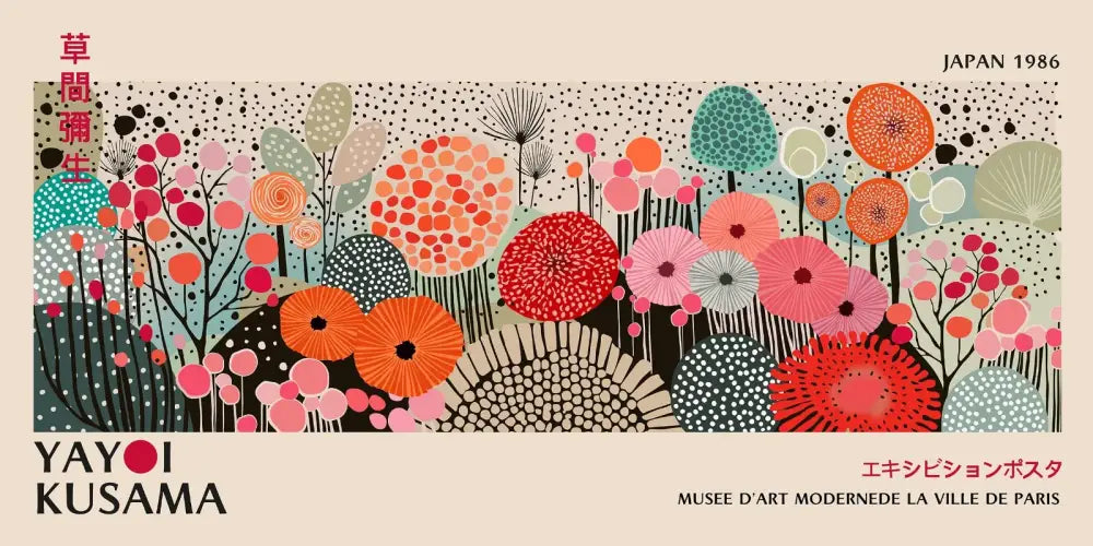 DecorBites™ Yayoi Kusama flower canvas wall art features vibrant stylized floral illustrations in bold reds and teal
