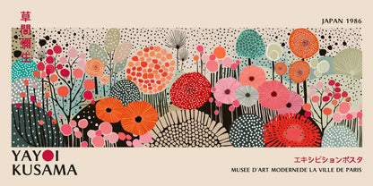 DecorBites™ Yayoi Kusama flower canvas wall art features vibrant stylized floral illustrations in bold reds and teal