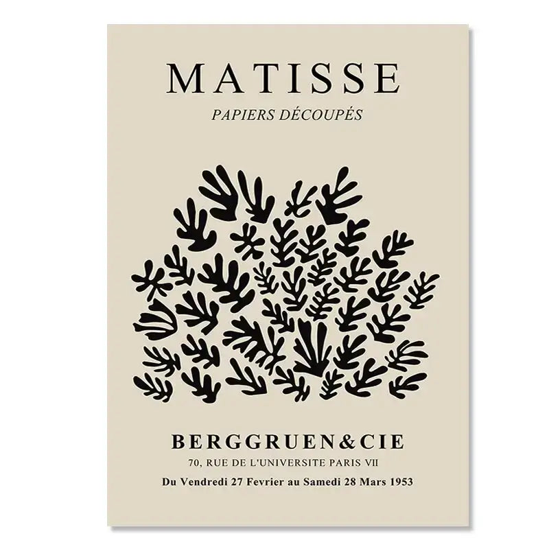 Beige poster with black cut-paper seaweed artwork by matisse for floral canvas art wall decor inspired by yayoi kusama