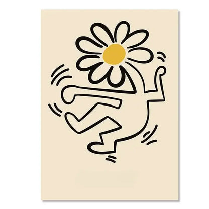Beige canvas print featuring yayoi kusama inspired stylized black-outlined figure dancing beneath yellow floral canvas art