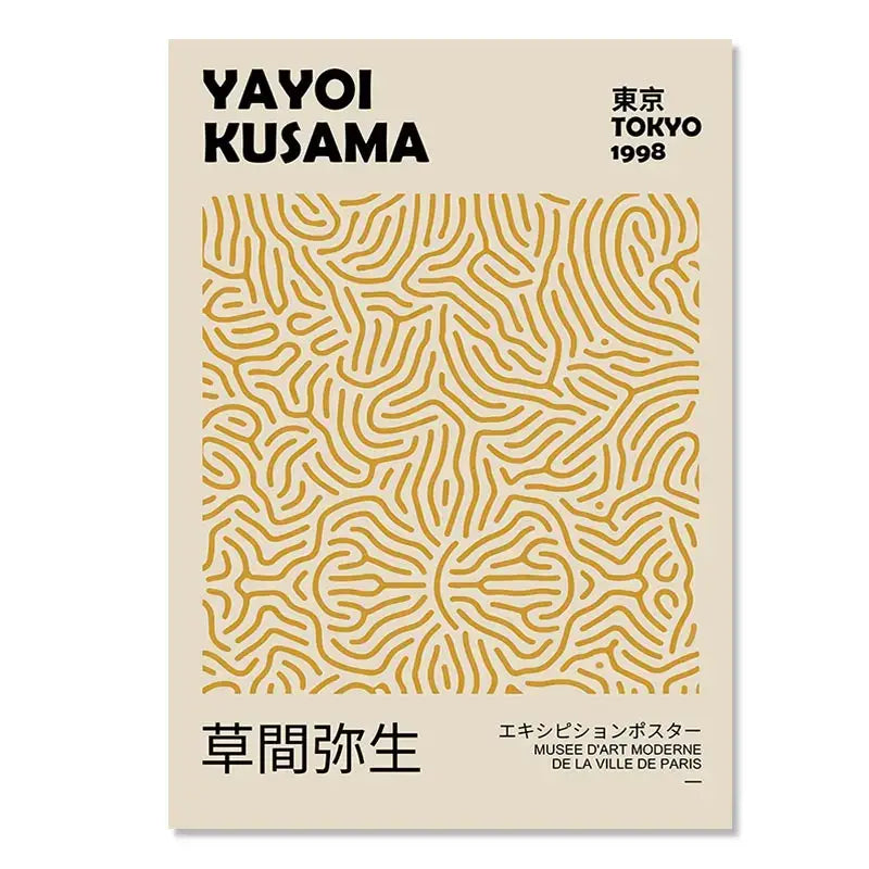 Beige wall art poster with gold maze pattern and black text showcasing yayoi kusama 1998 tokyo floral canvas art