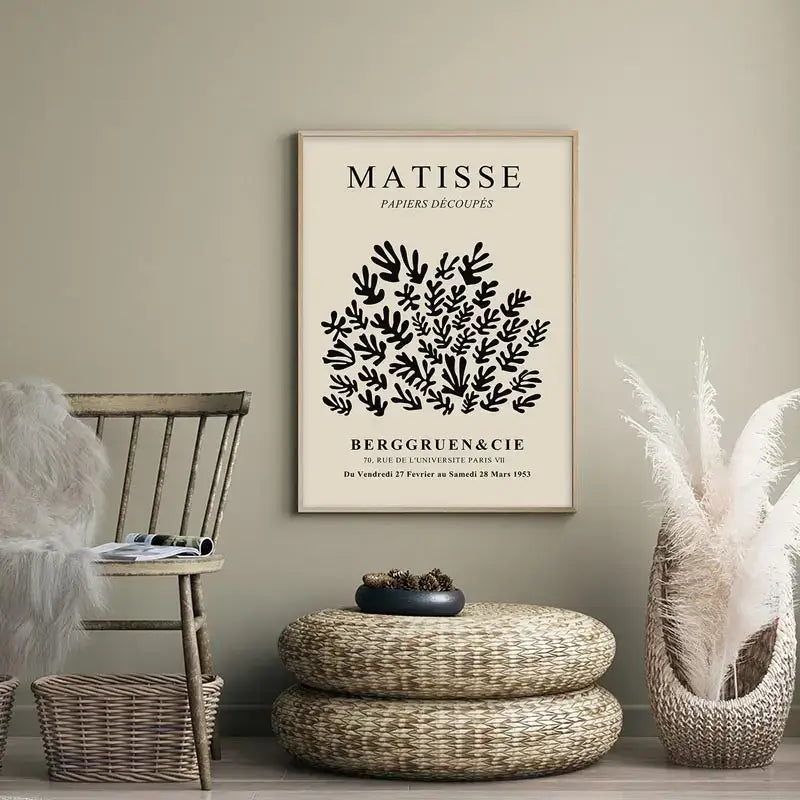 Beige-framed wall art featuring black cut-paper artwork by matisse titled papiers découpés in elegant serif typography