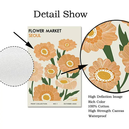 A beige canvas tote bag with vibrant orange and green floral canvas art inspired by yayoi kusama and flower market seoul text