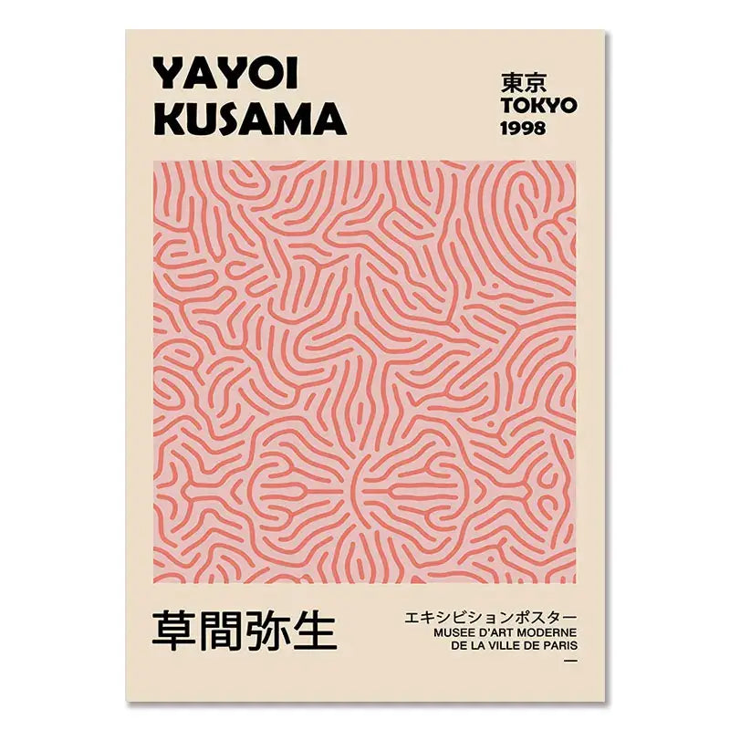 Minimalist decorbites™ floral canvas art featuring yayoi kusama inspired pink maze-like line pattern on cream background wall art