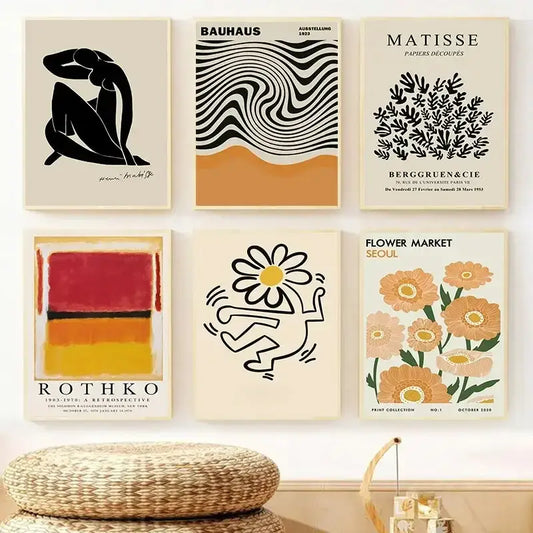 Set of six minimalist wall art prints featuring bold black white and colorful abstract designs including yayoi kusama floral canvas art