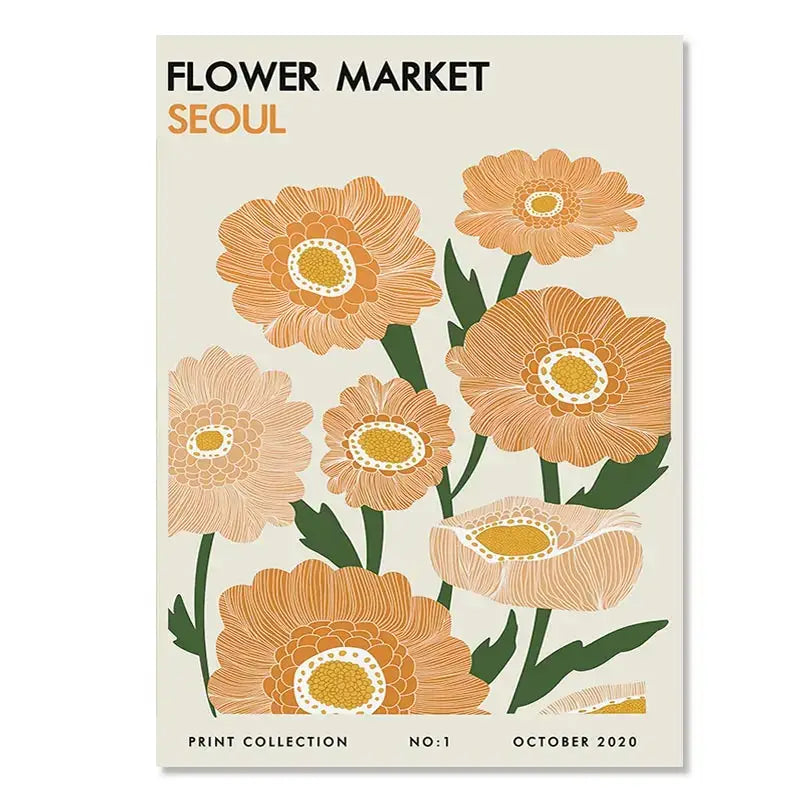 A yayoi kusama inspired orange floral canvas art featuring stylized flowers label flower market seoul wall art