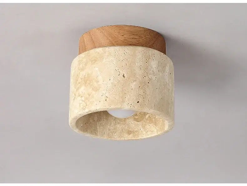 DecorBites™ yellow marble ceiling light with warm wooden top and beige textured stone for home or commercial spaces